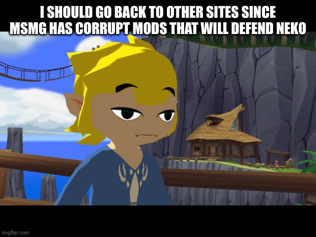 Twitter.com/Takolul | I SHOULD GO BACK TO OTHER SITES SINCE MSMG HAS CORRUPT MODS THAT WILL DEFEND NEKO | image tagged in high toon link | made w/ Imgflip meme maker