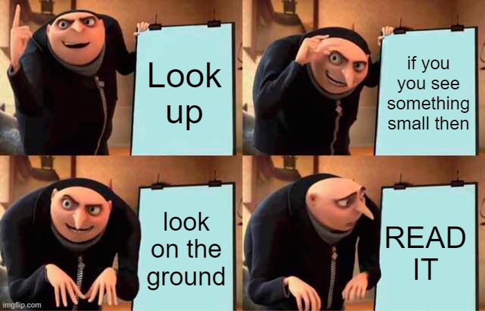 Gru's Plan | Look up; if you you see something small then; look on the ground; READ IT | image tagged in memes,gru's plan | made w/ Imgflip meme maker