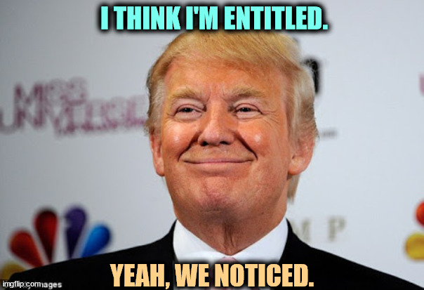 I'm entitled to do anything and get away with it. | I THINK I'M ENTITLED. YEAH, WE NOTICED. | image tagged in donald trump approves,trump,entitlement,arrogant rich man | made w/ Imgflip meme maker