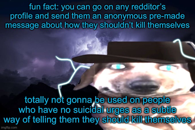 teehee | fun fact: you can go on any redditor’s profile and send them an anonymous pre-made message about how they shouldn’t kill themselves; totally not gonna be used on people who have no suicidal urges as a subtle way of telling them they should kill themselves | image tagged in lowtierchucklenuts | made w/ Imgflip meme maker
