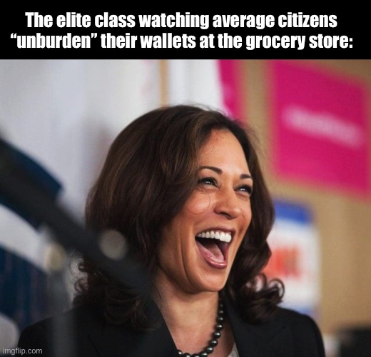 Voting for the creators of problems seems self defeating | The elite class watching average citizens “unburden” their wallets at the grocery store: | image tagged in cackling kamala harris,politics lol,memes,government corruption | made w/ Imgflip meme maker