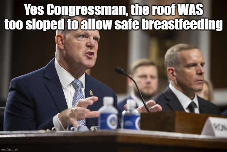 Back to the Sloped Roof Excuse | Yes Congressman, the roof WAS too sloped to allow safe breastfeeding | image tagged in secret service inquiry | made w/ Imgflip meme maker