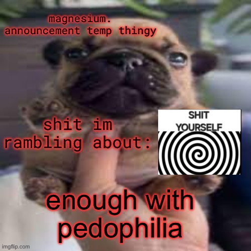 pug temp | enough with pedophilia | image tagged in pug temp | made w/ Imgflip meme maker