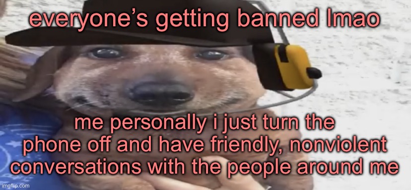 chucklenuts | everyone’s getting banned lmao; me personally i just turn the phone off and have friendly, nonviolent conversations with the people around me | image tagged in chucklenuts | made w/ Imgflip meme maker