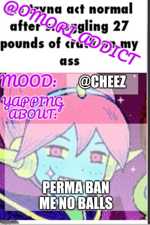 omori_addict announcement (ty oliviarodrigoenjoyer) | @CHEEZ; PERMA BAN ME NO BALLS | image tagged in omori_addict announcement ty oliviarodrigoenjoyer | made w/ Imgflip meme maker