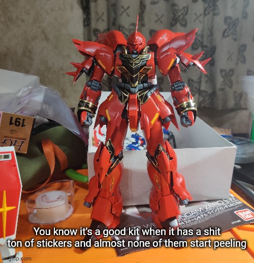 Looking through old kits and found one of my favorite MG's. The sinanju | You know it's a good kit when it has a shit ton of stickers and almost none of them start peeling | made w/ Imgflip meme maker