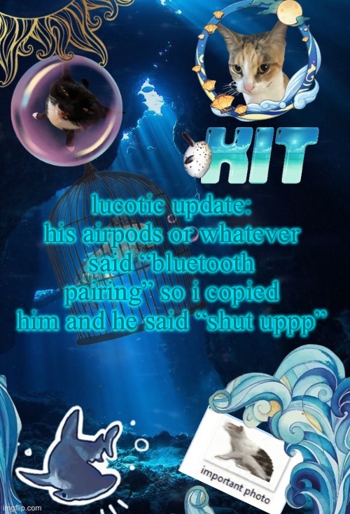 silly announcement template by asriel | lucotic update:
his airpods or whatever said “bluetooth pairing” so i copied him and he said “shut uppp” | image tagged in silly announcement template by asriel | made w/ Imgflip meme maker