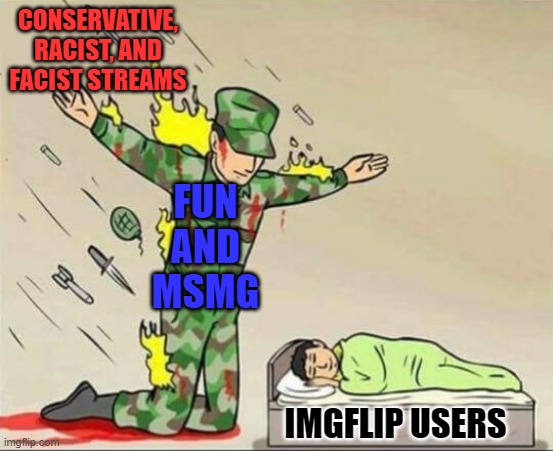 Soldier protecting sleeping child | CONSERVATIVE, RACIST, AND FACIST STREAMS; FUN AND MSMG; IMGFLIP USERS | made w/ Imgflip meme maker