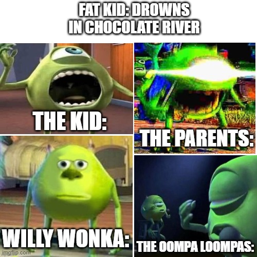 This is literally just the scene played by Mike Wazowski | FAT KID: DROWNS IN CHOCOLATE RIVER; THE KID:; THE PARENTS:; WILLY WONKA:; THE OOMPA LOOMPAS: | image tagged in mike wazowski,wut,willy wonka | made w/ Imgflip meme maker