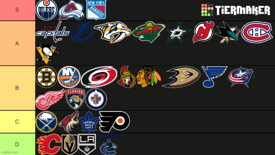 Hockey Team Tier List | image tagged in hockey,ice hockey,nhl,team,tier list | made w/ Imgflip meme maker