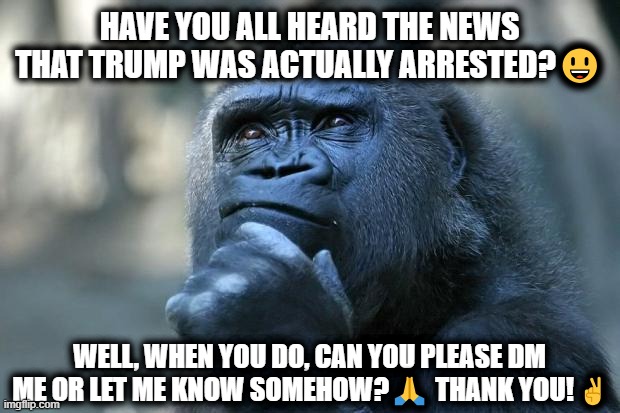 Have you heard that Trump was arrested? | HAVE YOU ALL HEARD THE NEWS THAT TRUMP WAS ACTUALLY ARRESTED?😃; WELL, WHEN YOU DO, CAN YOU PLEASE DM ME OR LET ME KNOW SOMEHOW?🙏 THANK YOU! ✌ | image tagged in deep thoughts | made w/ Imgflip meme maker