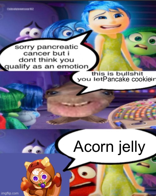 sorry pancreatic cancer but I don’t think you qualify as an emot | Pancake cookie; Acorn jelly | image tagged in sorry pancreatic cancer but i don t think you qualify as an emot | made w/ Imgflip meme maker