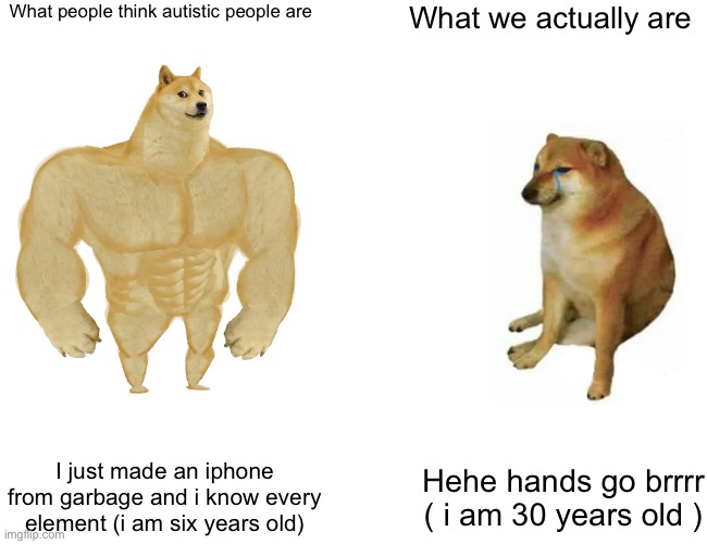 Autistic people meme | What people think autistic people are; What we actually are; AUTISTIC PEOPLE; I just made an iphone from garbage and i know every element (i am six years old); Hehe hands go brrrr ( i am 30 years old ) | image tagged in memes,buff doge vs cheems | made w/ Imgflip meme maker