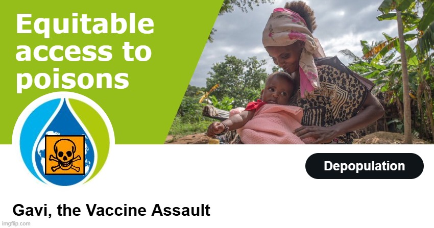 Gavi poisons children with vaccines, funded by The Gates Foundation | Equitable
access to
poisons; Depopulation; Gavi, the Vaccine Assault | image tagged in vaccines,vaccine,vaccination,covid vaccine,vaccinations,bill gates loves vaccines | made w/ Imgflip meme maker