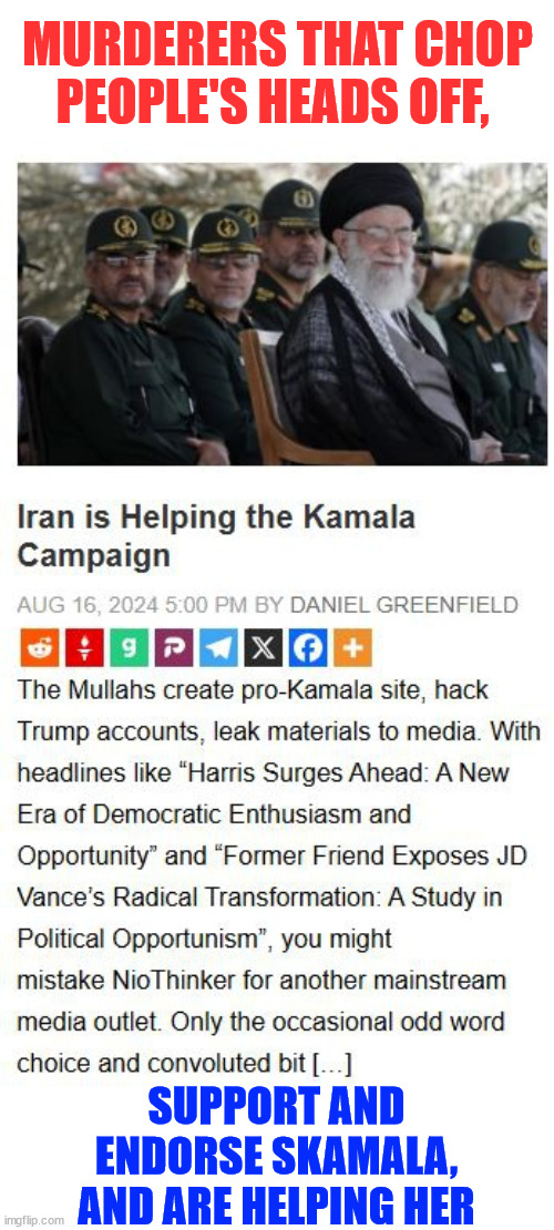 Iran working to get Kamala elected | MURDERERS THAT CHOP PEOPLE'S HEADS OFF, SUPPORT AND ENDORSE SKAMALA, AND ARE HELPING HER | image tagged in iran,working to get kamala elected | made w/ Imgflip meme maker