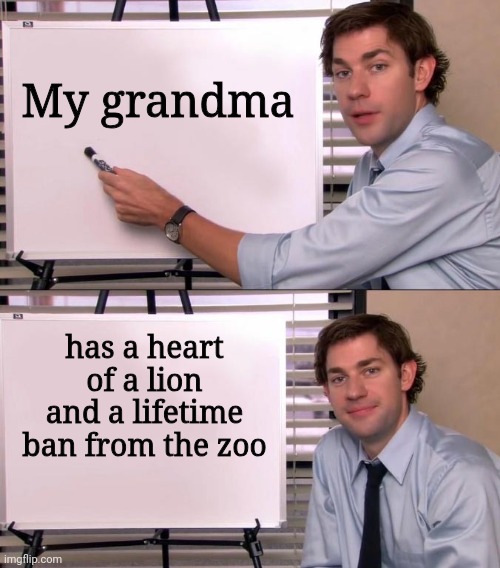 Ah yes | My grandma; has a heart of a lion and a lifetime ban from the zoo | image tagged in jim halpert explains,memes,dark humor,dark humour | made w/ Imgflip meme maker