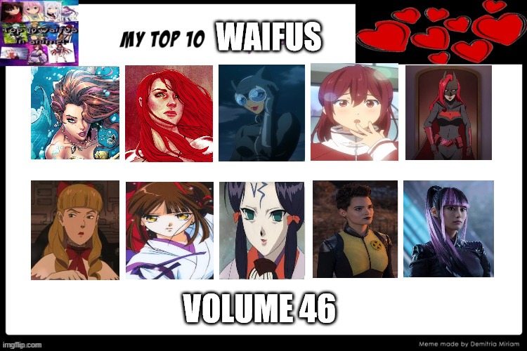 top 10 waifus volume 46 | image tagged in waifus volume 46,waifu,top 10,comics,anime,movies | made w/ Imgflip meme maker