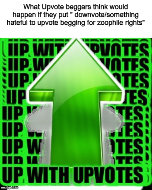 upvote | What Upvote beggars think would happen if they put " downvote/something hateful to upvote begging for zoophile rights" | image tagged in upvote,upvote begging,beggar,upvote beggars,expectation vs reality,expectations | made w/ Imgflip meme maker