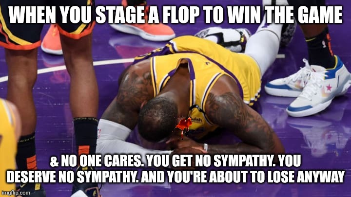 WHEN YOU STAGE A FLOP TO WIN THE GAME; & NO ONE CARES. YOU GET NO SYMPATHY. YOU DESERVE NO SYMPATHY. AND YOU'RE ABOUT TO LOSE ANYWAY | image tagged in king,lebron james,dark humor | made w/ Imgflip meme maker