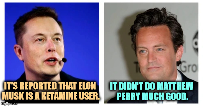 IT'S REPORTED THAT ELON 
MUSK IS A KETAMINE USER. IT DIDN'T DO MATTHEW 
PERRY MUCH GOOD. | image tagged in elon musk,drugs,ketamine,matthew perry,don't do drugs | made w/ Imgflip meme maker