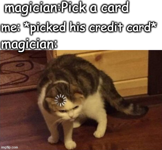 bro got dumbfounded | magician:Pick a card; me: *picked his credit card*; magician: | image tagged in dumb cat brain loading | made w/ Imgflip meme maker