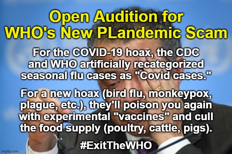 Open audition for WHO's new pLandemic scam | Open Audition for WHO's New PLandemic Scam; For the COVID-19 hoax, the CDC
and WHO artificially recategorized
seasonal flu cases as "Covid cases."; For a new hoax (bird flu, monkeypox,
plague, etc.), they'll poison you again
with experimental "vaccines" and cull
the food supply (poultry, cattle, pigs). #ExitTheWHO | image tagged in tedros,plandemic,covid-19,covid,monkeypox,vaccines | made w/ Imgflip meme maker