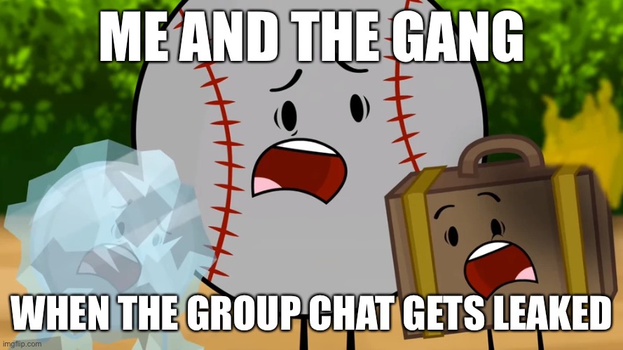 we’re cooked | ME AND THE GANG; WHEN THE GROUP CHAT GETS LEAKED | image tagged in inanimate insanity | made w/ Imgflip meme maker