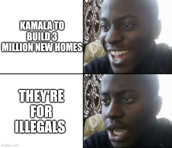 Happy / Shock | KAMALA TO BUILD 3 MILLION NEW HOMES; THEY'RE FOR ILLEGALS | image tagged in happy / shock,funny memes | made w/ Imgflip meme maker