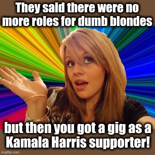 democrats are hiring paid Kamala supporters | They said there were no more roles for dumb blondes; but then you got a gig as a
Kamala Harris supporter! | image tagged in memes,dumb blonde,kamala harris,supporters,democrats,actors | made w/ Imgflip meme maker