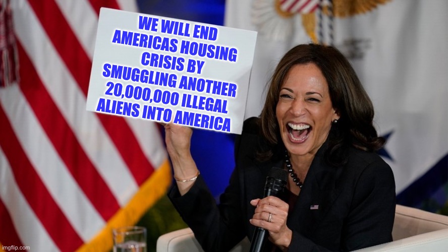 Liberal Logic Strikes Again | WE WILL END AMERICAS HOUSING CRISIS BY SMUGGLING ANOTHER 20,000,000 ILLEGAL ALIENS INTO AMERICA | image tagged in kamala harris holding sign,liberal logic,liberal hypocrisy,stupid liberals | made w/ Imgflip meme maker