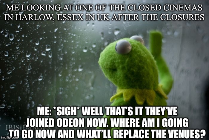 kermit window | ME LOOKING AT ONE OF THE CLOSED CINEMAS IN HARLOW, ESSEX IN UK AFTER THE CLOSURES; ME: *SIGH* WELL THAT’S IT THEY’VE JOINED ODEON NOW. WHERE AM I GOING TO GO NOW AND WHAT’LL REPLACE THE VENUES? | image tagged in kermit window | made w/ Imgflip meme maker