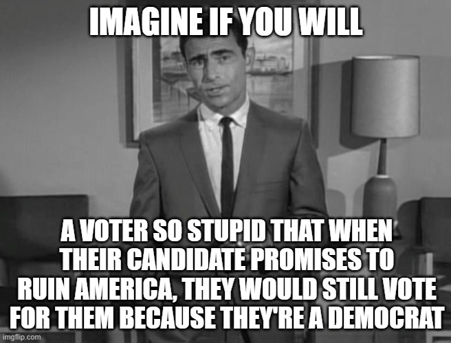 Rod Serling: Imagine If You Will | IMAGINE IF YOU WILL; A VOTER SO STUPID THAT WHEN THEIR CANDIDATE PROMISES TO RUIN AMERICA, THEY WOULD STILL VOTE FOR THEM BECAUSE THEY'RE A DEMOCRAT | image tagged in rod serling imagine if you will | made w/ Imgflip meme maker