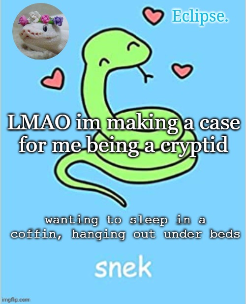 i'll crawl out from under your bed or some shit idk | LMAO im making a case for me being a cryptid; wanting to sleep in a coffin, hanging out under beds | image tagged in h | made w/ Imgflip meme maker