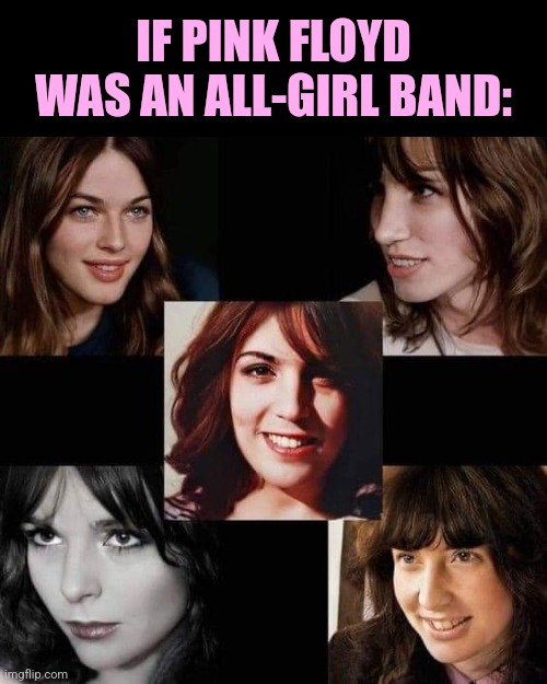 Pretty-in-Pink Floyd | IF PINK FLOYD WAS AN ALL-GIRL BAND: | image tagged in pretty girl,pink floyd,psychedelic,classic rock,gender,flip | made w/ Imgflip meme maker