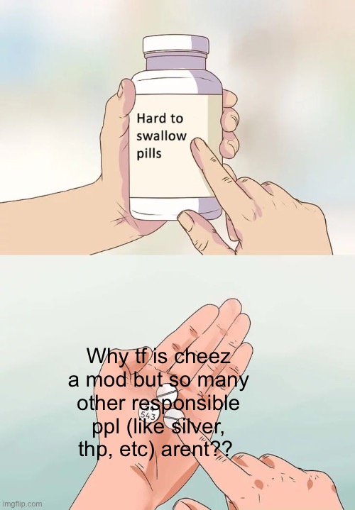 Not to mention cheez posted porn. twice… | Why tf is cheez a mod but so many other responsible ppl (like silver, thp, etc) arent?? | image tagged in memes,hard to swallow pills | made w/ Imgflip meme maker