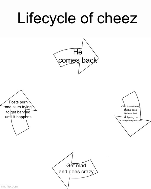 Vicious cycle | He comes back Chill (sometimes) but he does believe that his flipping out is completely normal Get mad and goes crazy Posts p0rn and slurs t | image tagged in vicious cycle | made w/ Imgflip meme maker