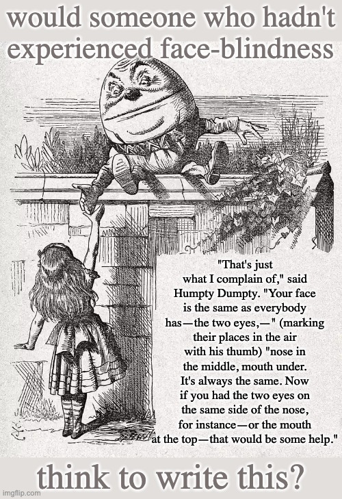 Another almost-certainly Neurodivergent author, currently on my mind | would someone who hadn't experienced face-blindness; "That's just what I complain of," said Humpty Dumpty. "Your face is the same as everybody has—the two eyes,—" (marking their places in the air with his thumb) "nose in the middle, mouth under. It's always the same. Now if you had the two eyes on the same side of the nose, for instance—or the mouth at the top—that would be some help."; think to write this? | image tagged in humpty dumpty,through the looking glass,math,neurodivergent,face blind,author | made w/ Imgflip meme maker