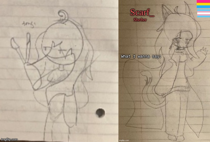 Can't draw or model them together rn so here's two of cosmo.png's drawings | image tagged in chrono announcement temp credit to cosmo,scarf_ announcement template drawing by cosmo png | made w/ Imgflip meme maker