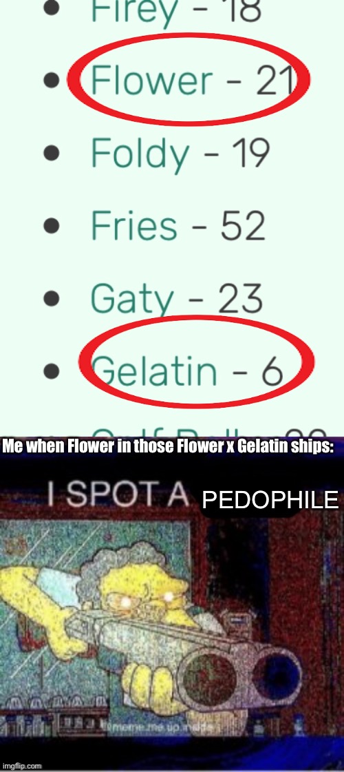 Me when Flower in those Flower x Gelatin ships:; PEDOPHILE | image tagged in i spot a x | made w/ Imgflip meme maker