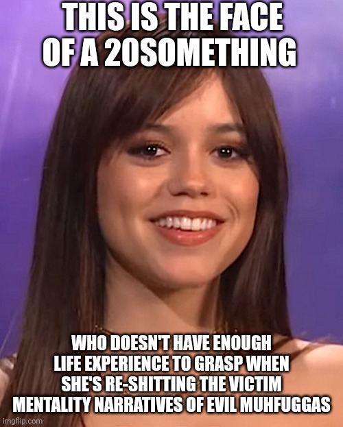 Poor thing Lol | THIS IS THE FACE OF A 20SOMETHING; WHO DOESN'T HAVE ENOUGH LIFE EXPERIENCE TO GRASP WHEN SHE'S RE-SHITTING THE VICTIM MENTALITY NARRATIVES OF EVIL MUHFUGGAS | image tagged in wednesday,funny | made w/ Imgflip meme maker