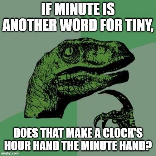 And is the second hand the third hand? | IF MINUTE IS ANOTHER WORD FOR TINY, DOES THAT MAKE A CLOCK'S HOUR HAND THE MINUTE HAND? | image tagged in memes,philosoraptor,clock,shower thoughts,puns,wordplay | made w/ Imgflip meme maker