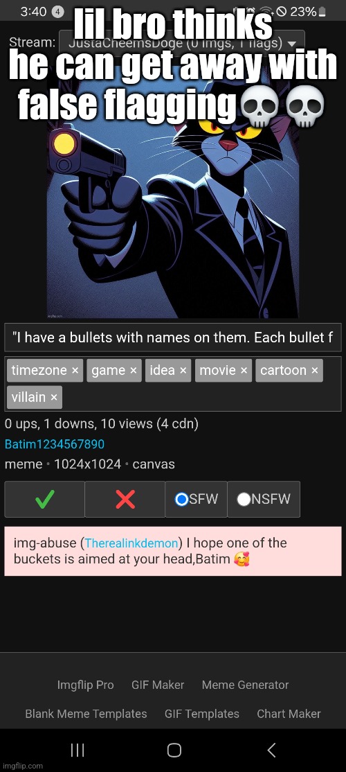 (Mod:Rock Katsons got a bullet with The flaggers name on it anyways)(other mod: nice)(yet another mod: why do people false flag) | lil bro thinks he can get away with false flagging💀💀 | made w/ Imgflip meme maker