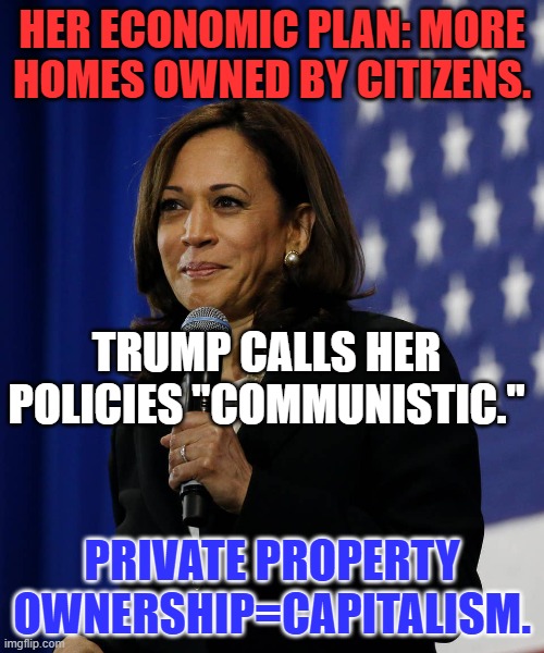Trump knows the difference. He hopes his followers don't. | HER ECONOMIC PLAN: MORE HOMES OWNED BY CITIZENS. TRUMP CALLS HER POLICIES "COMMUNISTIC."; PRIVATE PROPERTY OWNERSHIP=CAPITALISM. | image tagged in politics | made w/ Imgflip meme maker