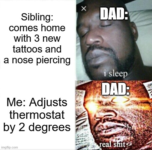 Sleeping Shaq | Sibling: comes home with 3 new tattoos and a nose piercing; DAD:; DAD:; Me: Adjusts thermostat by 2 degrees | image tagged in memes,sleeping shaq | made w/ Imgflip meme maker