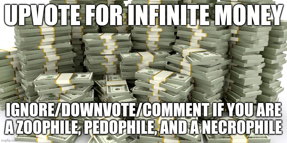 Stacks Of Money | UPVOTE FOR INFINITE MONEY; IGNORE/DOWNVOTE/COMMENT IF YOU ARE A ZOOPHILE, PEDOPHILE, AND A NECROPHILE | image tagged in stacks of money | made w/ Imgflip meme maker