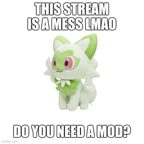 Sprigatito Plush | THIS STREAM IS A MESS LMAO; DO YOU NEED A MOD? | image tagged in sprigatito plush | made w/ Imgflip meme maker