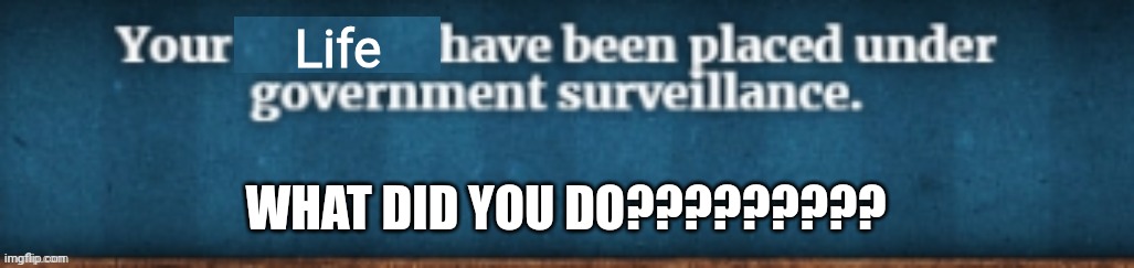 Your X have been placed under government survillance | Life; WHAT DID YOU DO????????? | image tagged in your x have been placed under government survillance | made w/ Imgflip meme maker