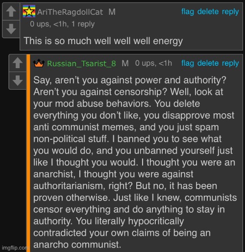 Anarcho commie mod abuses and contradicts her own political beliefs | made w/ Imgflip meme maker