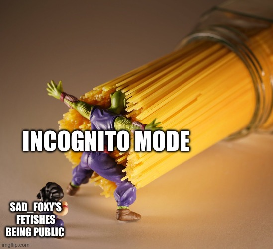 Piccolo vs. Spaghetti | INCOGNITO MODE SAD_FOXY’S FETISHES BEING PUBLIC | image tagged in piccolo vs spaghetti | made w/ Imgflip meme maker