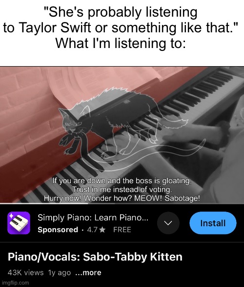 Meow | "She's probably listening to Taylor Swift or something like that."
What I'm listening to: | made w/ Imgflip meme maker